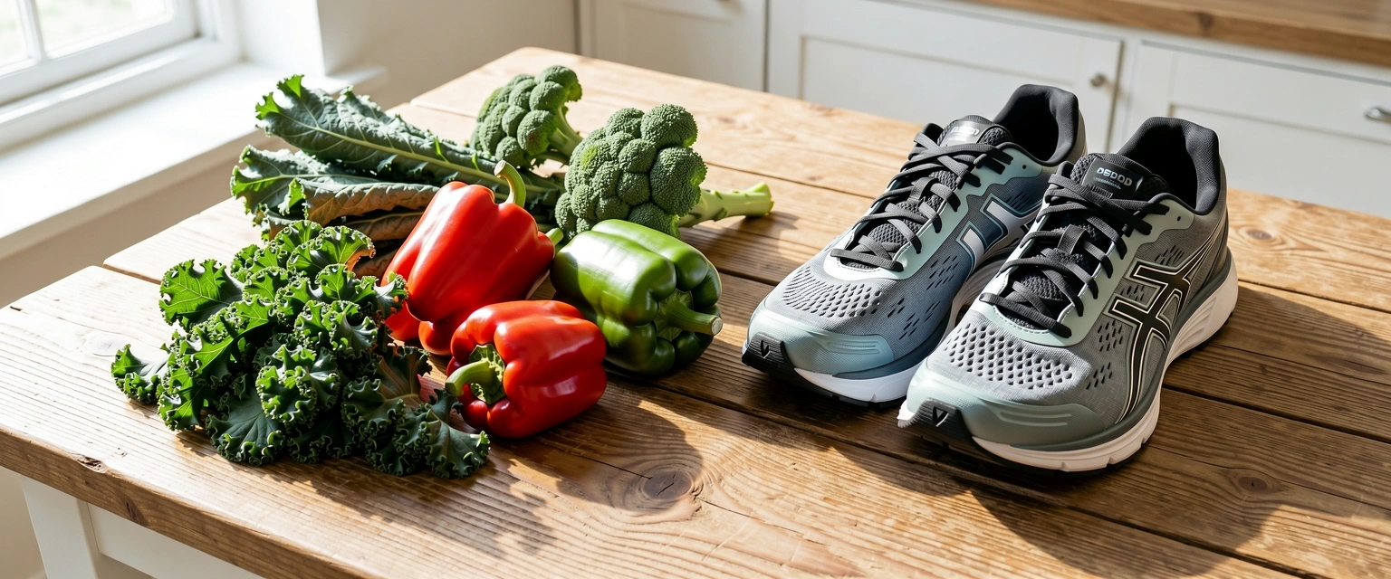 Fresh produce and athletic gear representing a balanced life